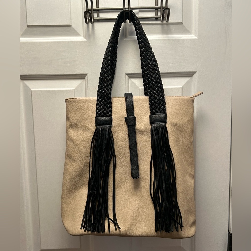 Lionel Faux Leather Beige with Black Braided straps & Tassels Shoulder Bag Tote